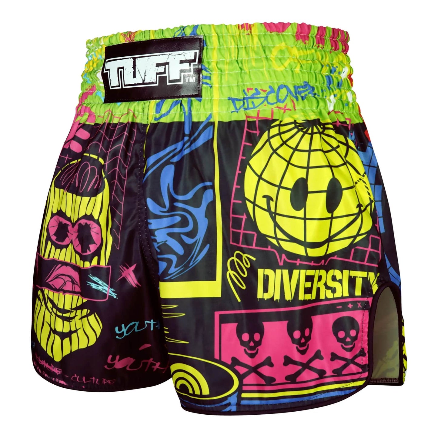 TUFF High-Cut Retro Muay Thai Boxing Shorts Neon Graffiti