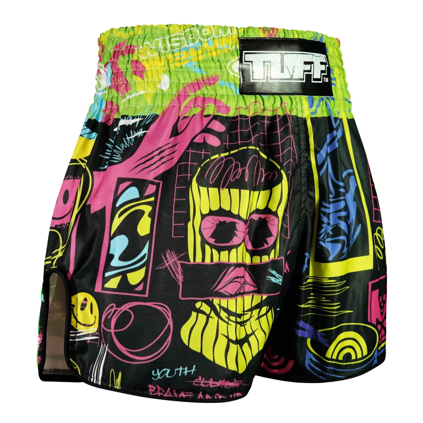 TUFF High-Cut Retro Muay Thai Boxing Shorts Neon Graffiti