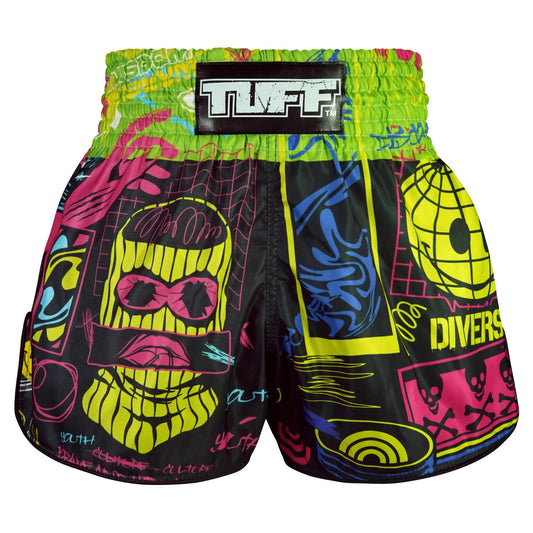 TUFF Sport high-cut Muaythai shorts with neon graffiti design, featuring bold, colorful patterns for martial arts training.