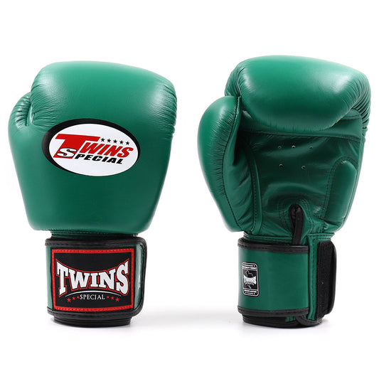Dark green Twins Special BGVL3 boxing gloves for training and sparring, featuring durable leather and secure wrist straps.