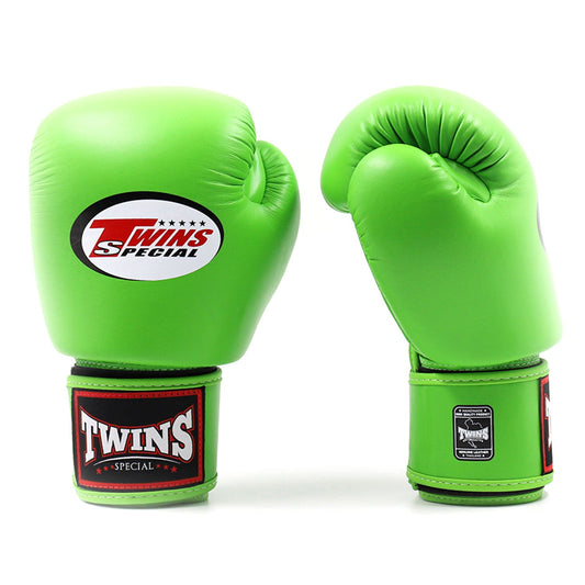 Green Twins Special BGVL3 boxing gloves for training and sparring, featuring durable leather and secure wrist straps.