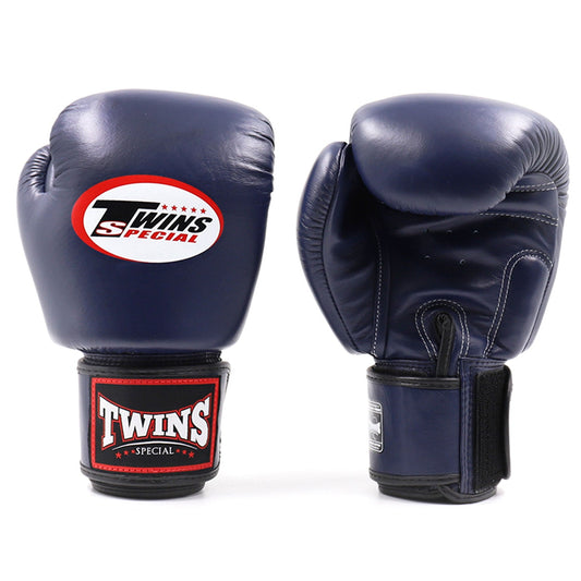 Twins Special BGVL3 boxing gloves in navy color, sporting goods, showing the padded gloves with adjustable strap and brand logo.