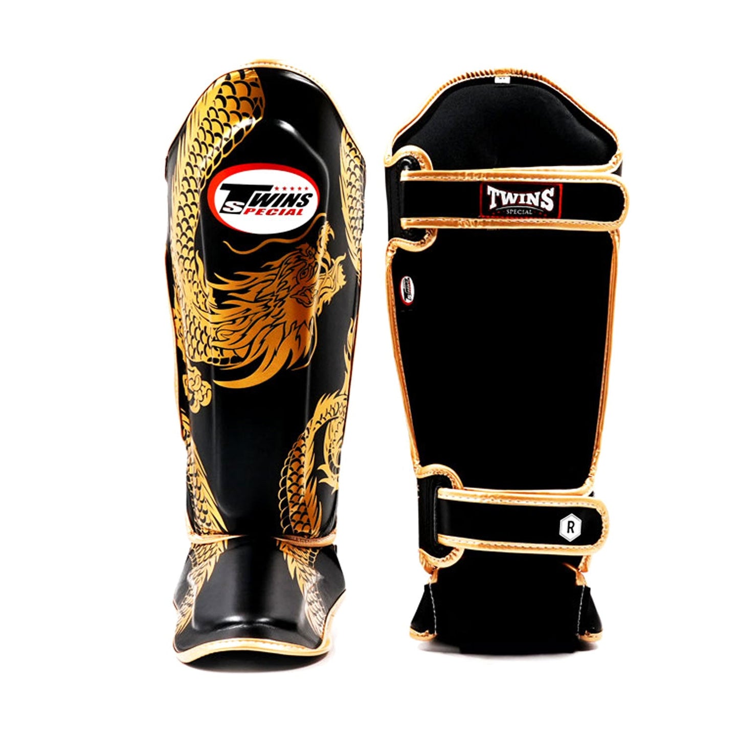 Twins Special FSGL10-49 Muay Thai Boxing Leather Shin Pads - Dragon Black-Gold