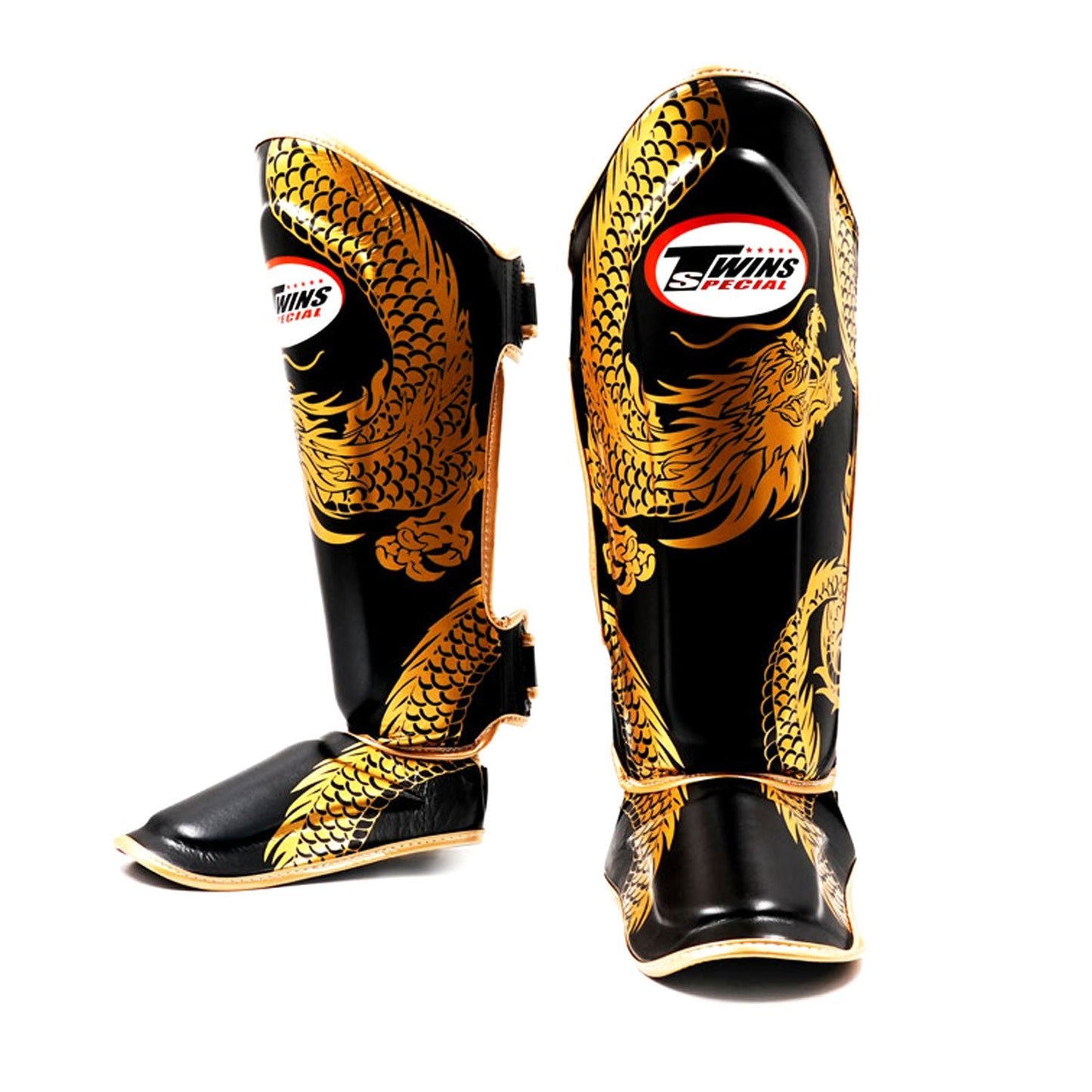 Twins Special FSGL10-49 Muay Thai Boxing Leather Shin Pads - Dragon Black-Gold