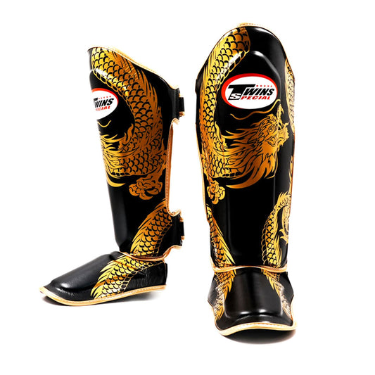 Twins Special FSGL10-49 Muay Thai Boxing Leather Shin Pads - Dragon Black-Gold