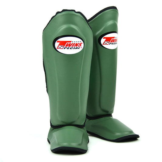 Twins Special SGL10 Muay Thai Boxing Leather Shin Pads - Olive