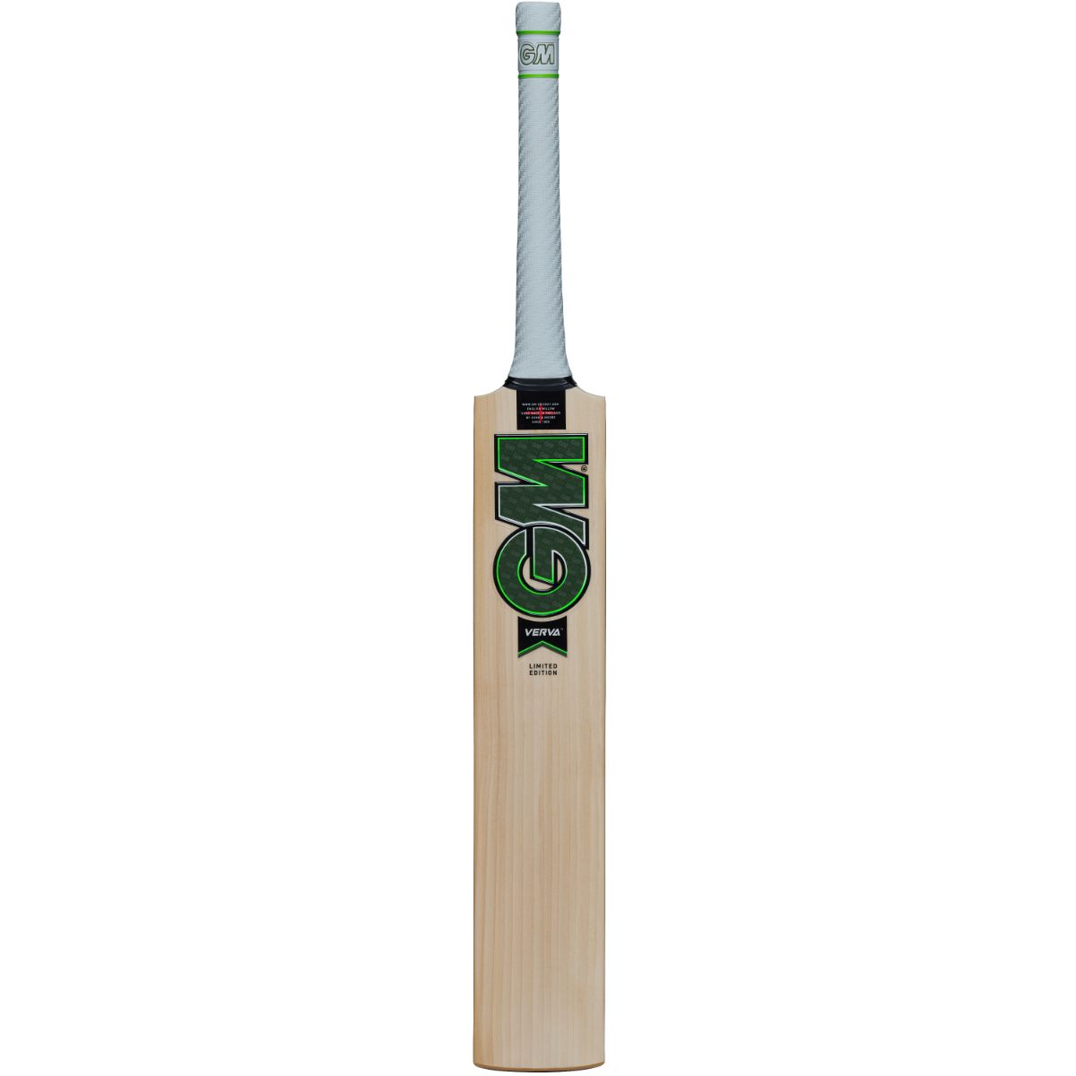 Gunn & Moore Verva 404 English Willow cricket bat showing the front face with a smooth, polished surface and traditional design.