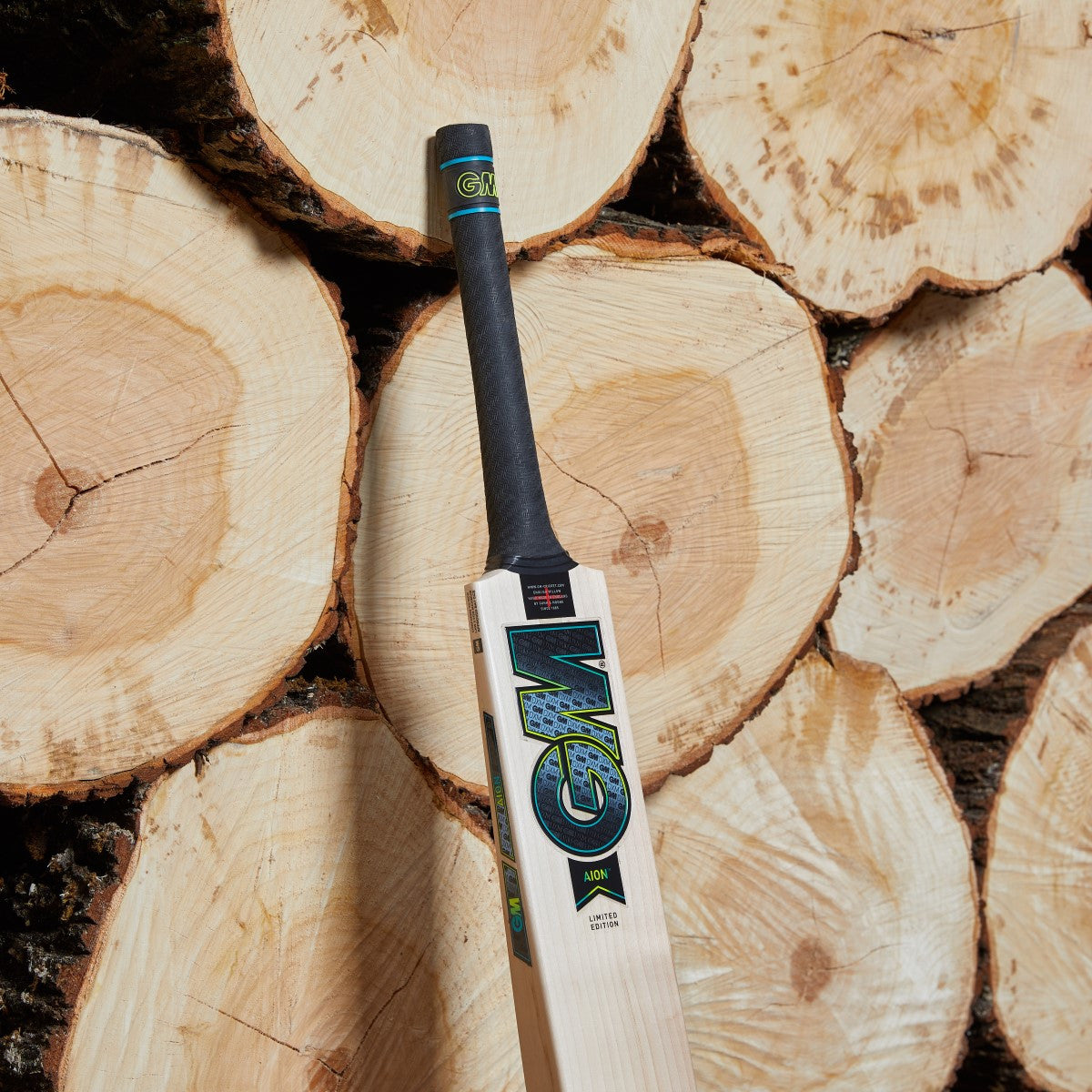 Gunn & Moore GM Aion 404 English Willow cricket bat, front view showing smooth wood grain and sturdy handle.