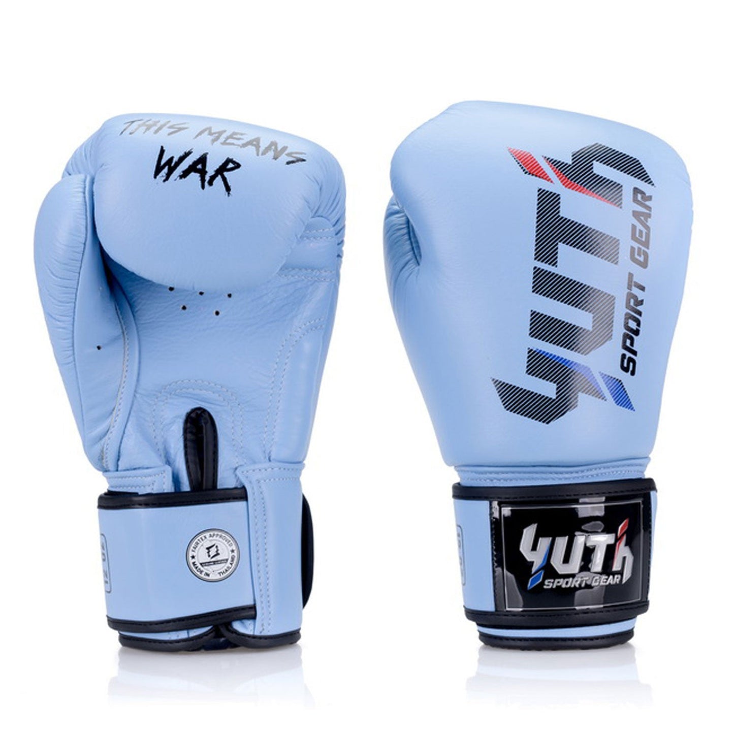 Yuth Sport Line Powder Blue boxing gloves for training and sparring, featuring padded design and secure wrist strap for support.