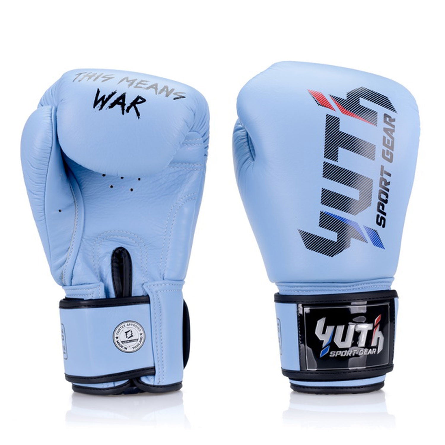Yuth Sport Line Powder Blue boxing gloves for training and sparring, featuring padded design and secure wrist strap for support.